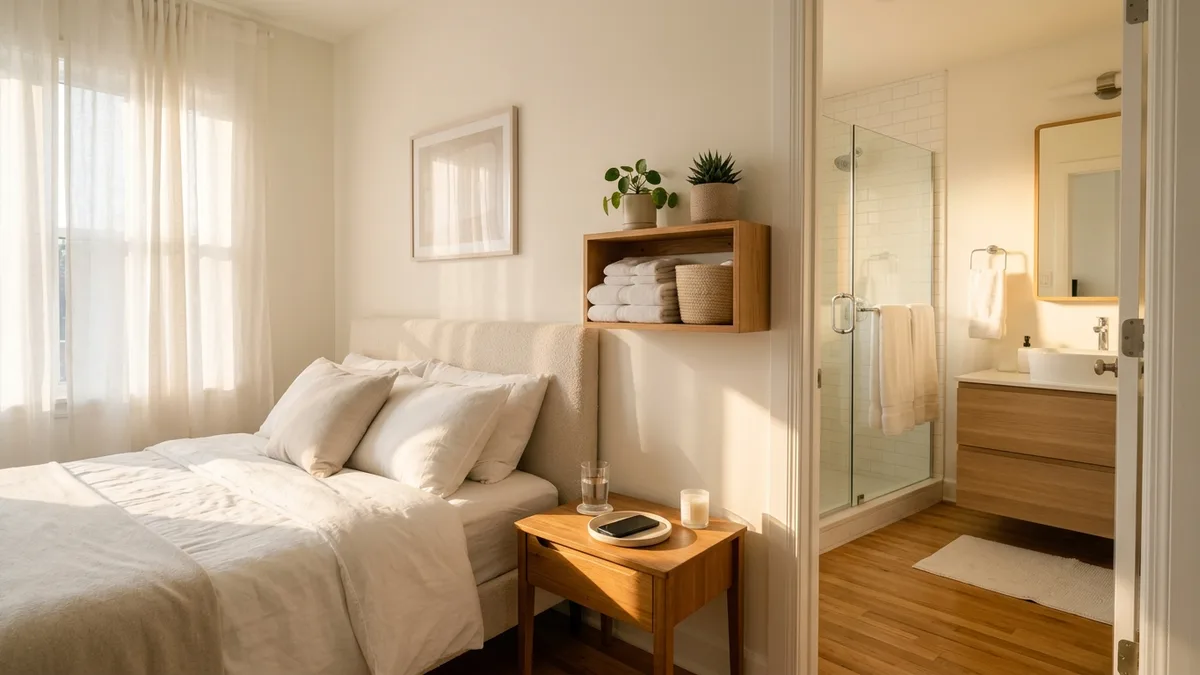 Neatly organized bedroom and bathroom entryway in the morning with a wooden wall shelf, folded towels, and a small green plant