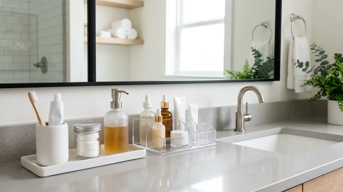 Organized bathroom countertop with a ceramic tray, labeled acrylic organizer, pump soap dispenser, and skincare essentials