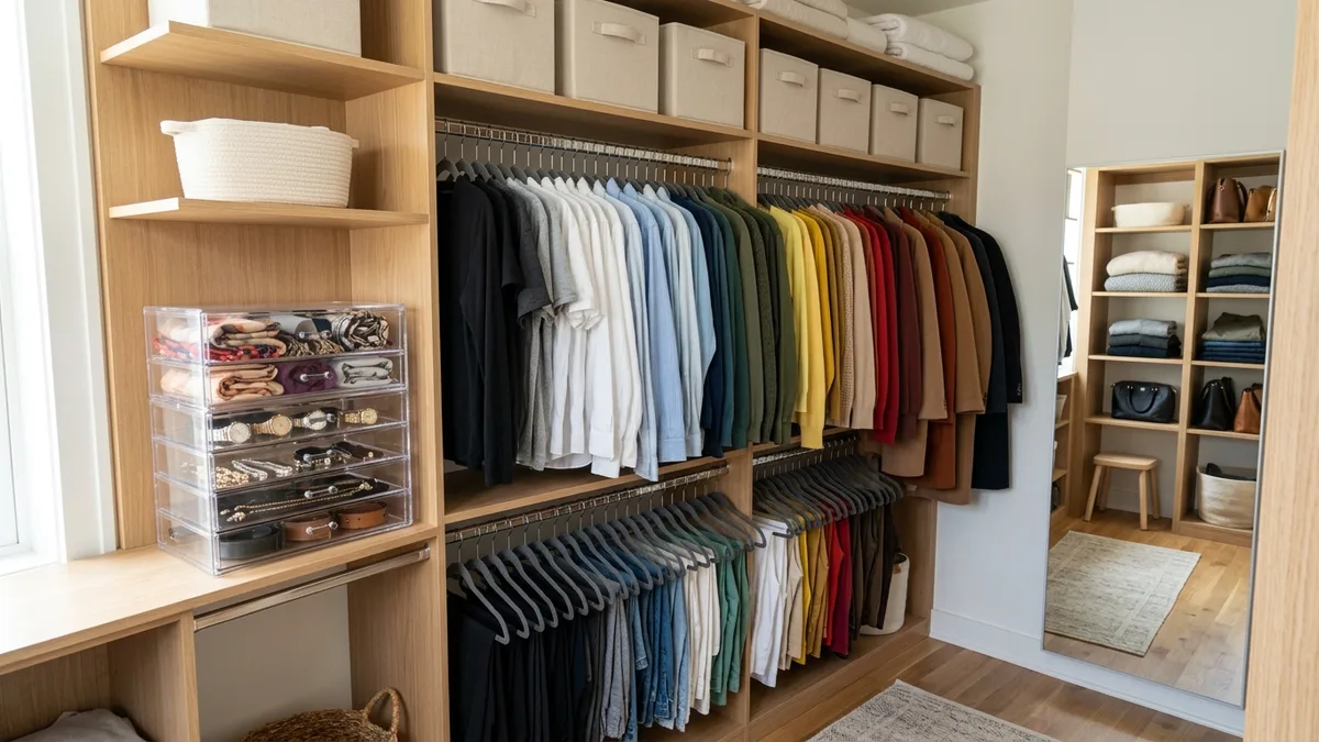 Color-organized open wardrobe with slim velvet hangers, clear acrylic drawer unit, and labeled fabric bins on upper shelves