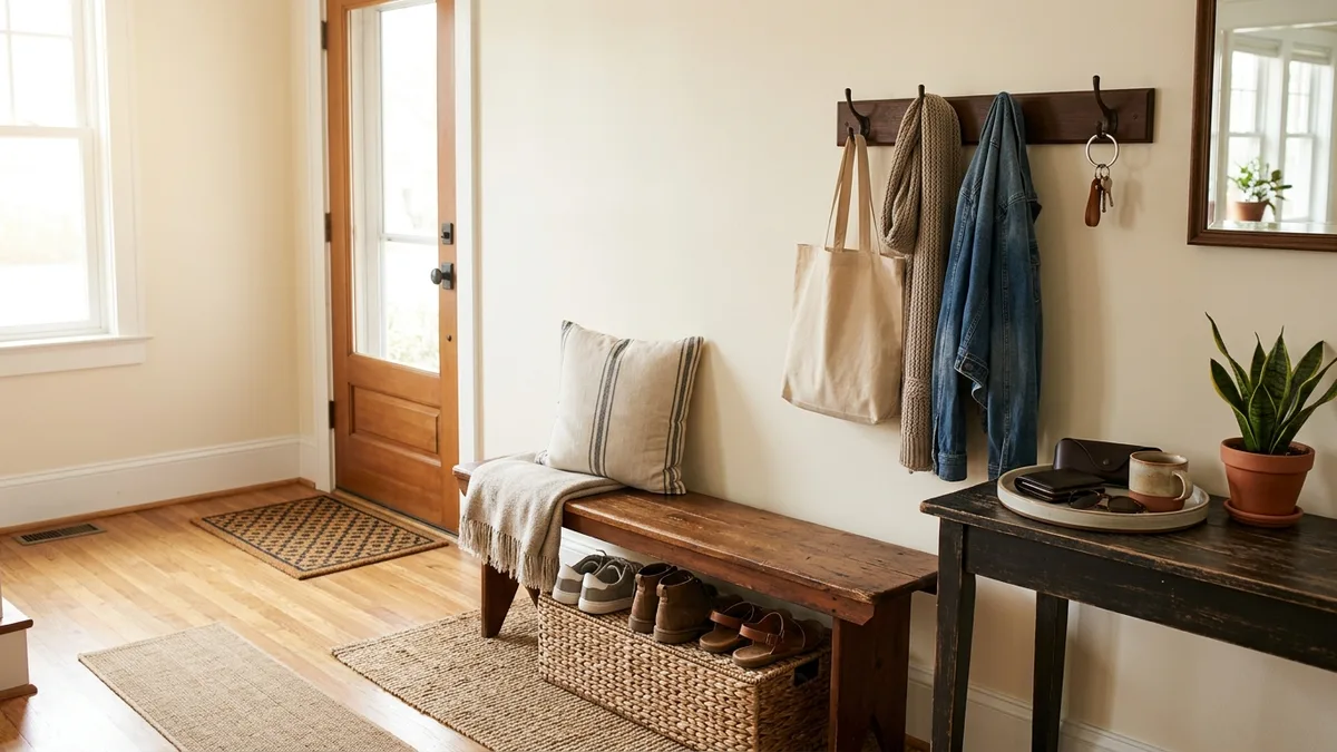 Organized home entryway with a wooden bench, woven basket for shoes, wall-mounted hook rack, and a small tray with everyday essentials