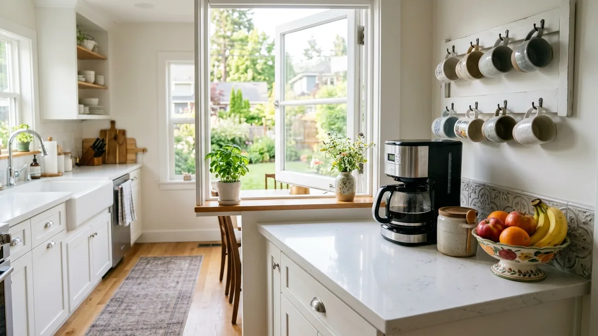Tidy morning kitchen countertop with a compact coffee station, labeled canisters, wall mug rack, and a fruit bowl in natural light