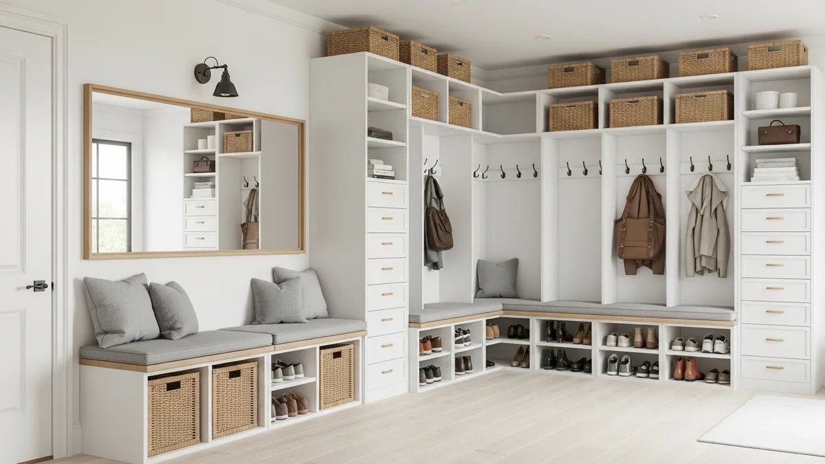 IKEA mudroom organization setup with storage bench, hooks, and shoe storage solutions