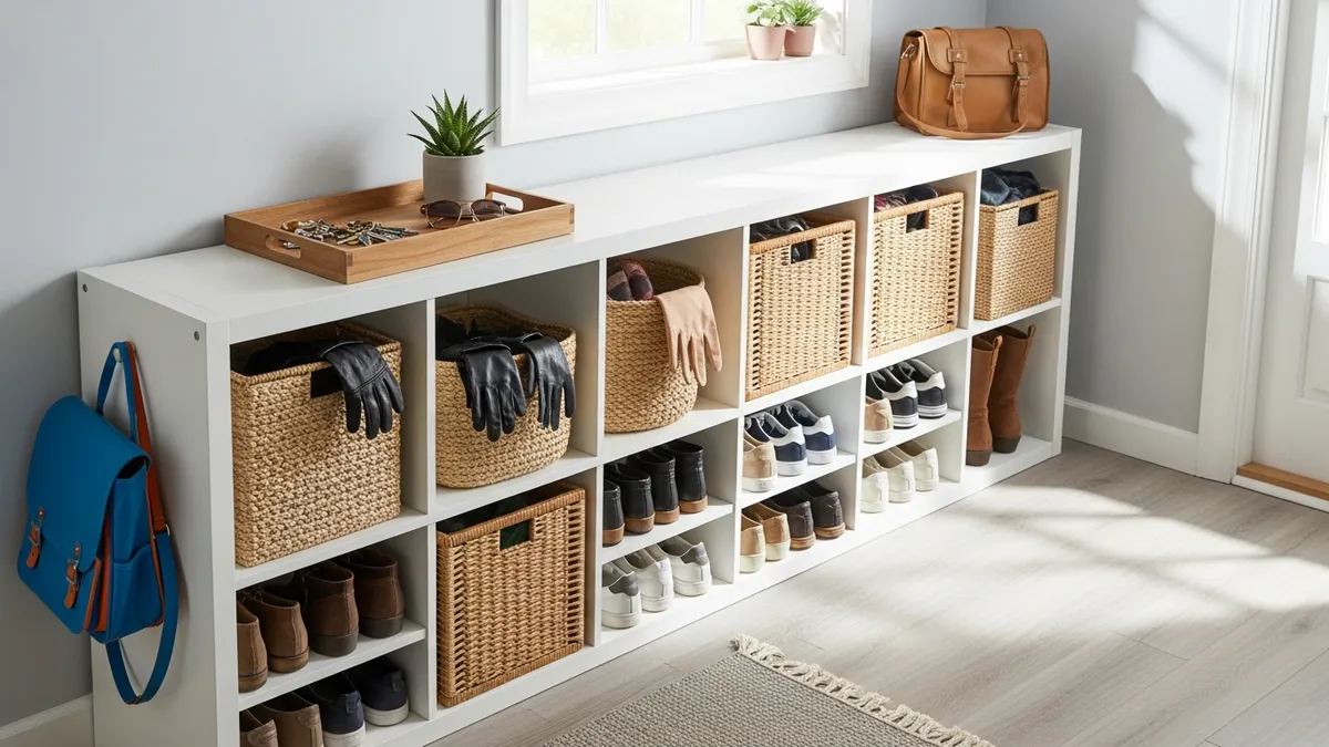 IKEA KALLAX mudroom organization with storage baskets and compartments