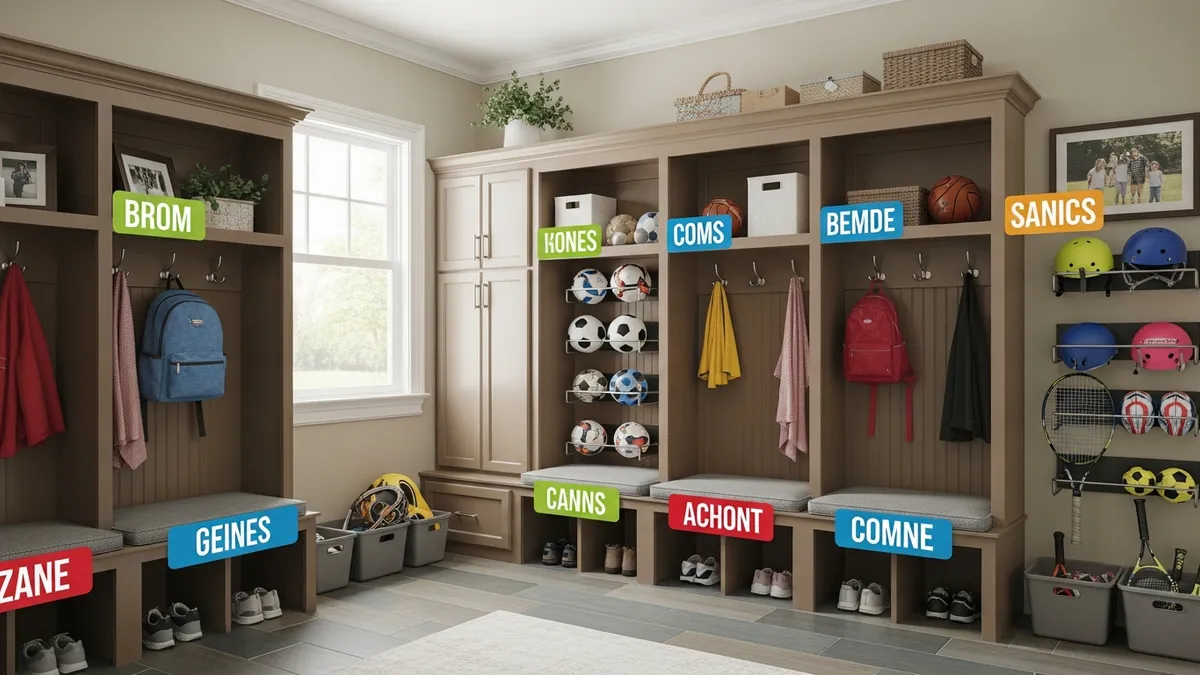 Family mudroom organization with personalized storage zones and labels