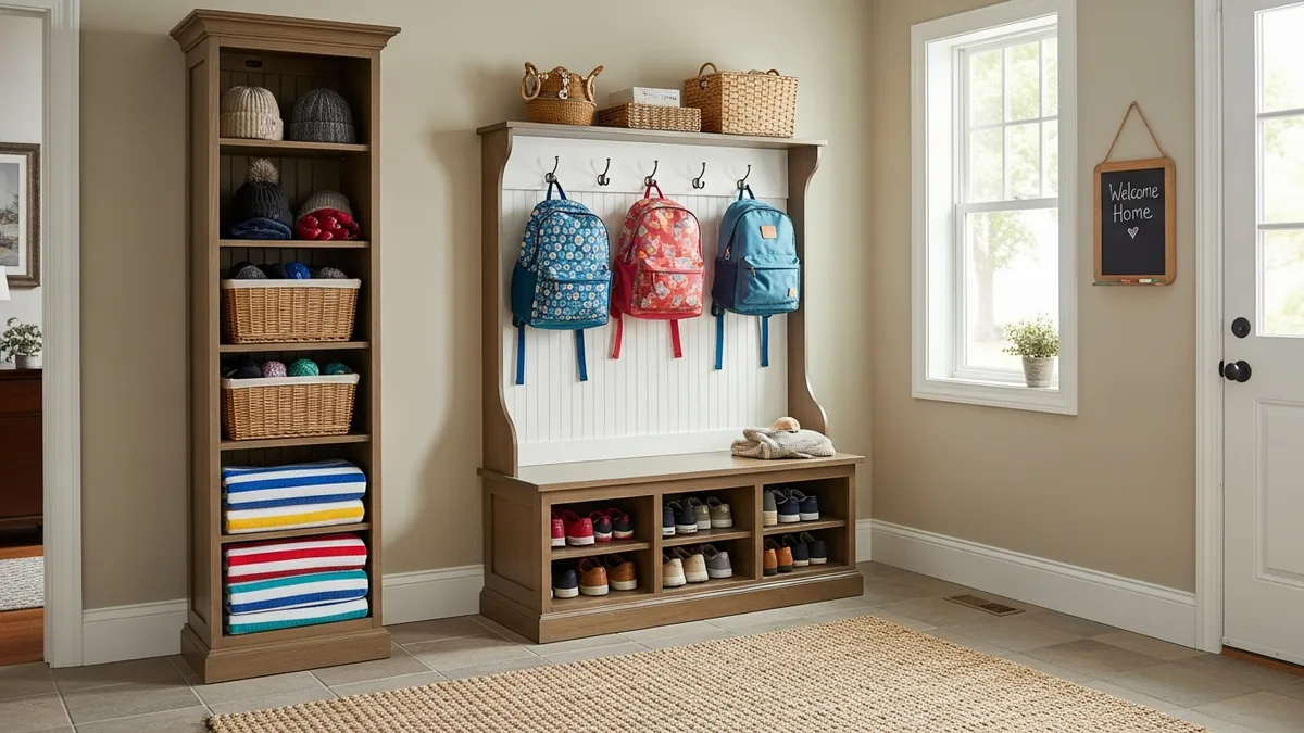 Mudroom storage bench with organized cubbies and hanging solutions