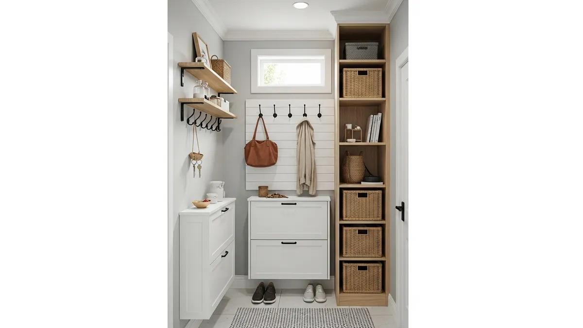 Small mudroom organization with vertical storage and space-saving solutions