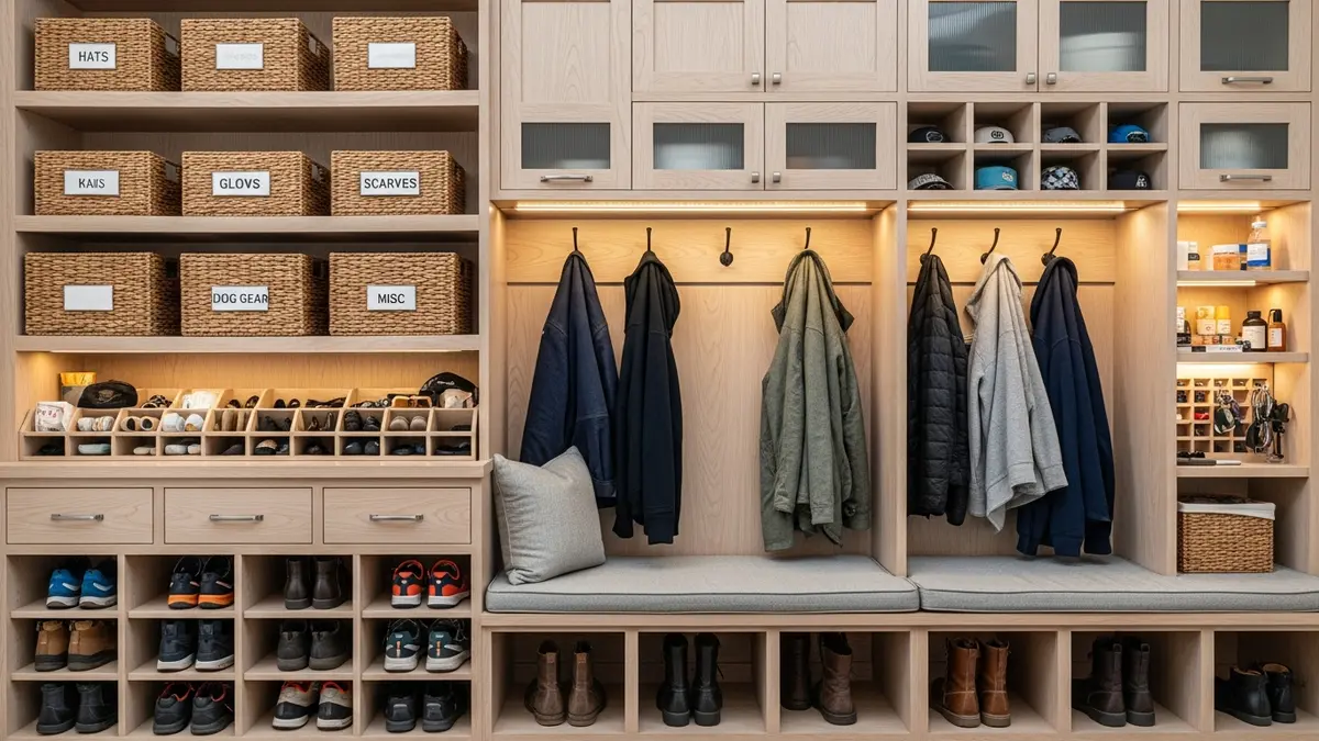 Mudroom storage solutions with baskets, hooks, and organizers