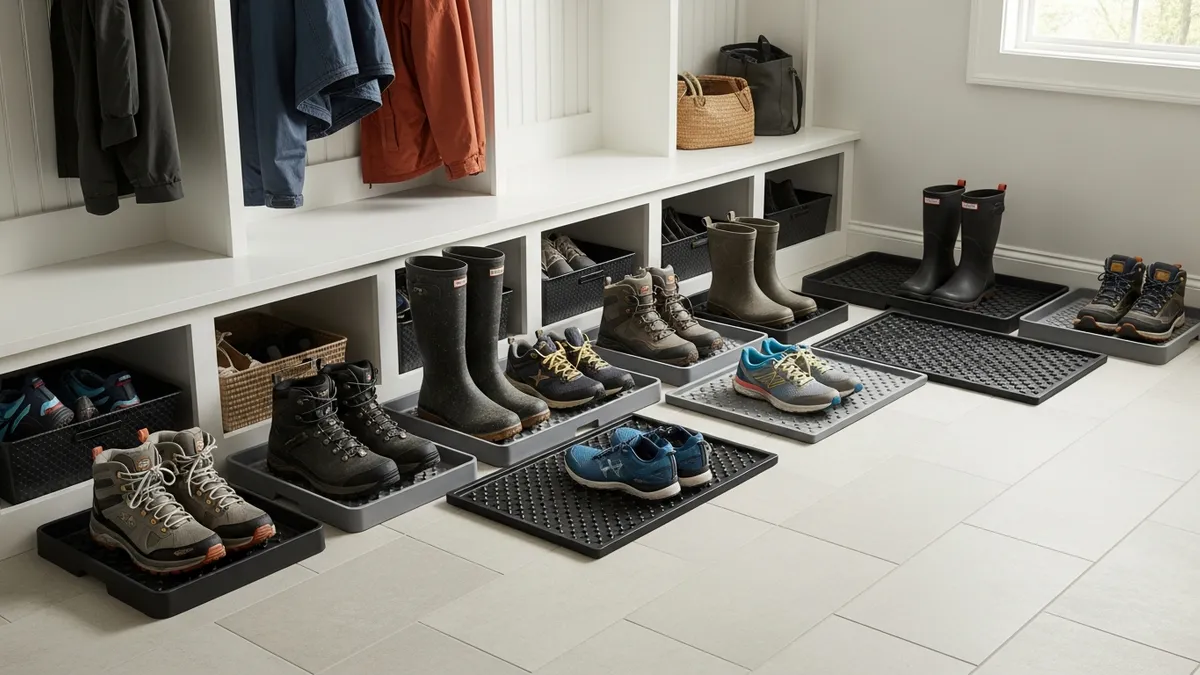 Waterproof boot trays organizing wet shoes in mudroom entrance