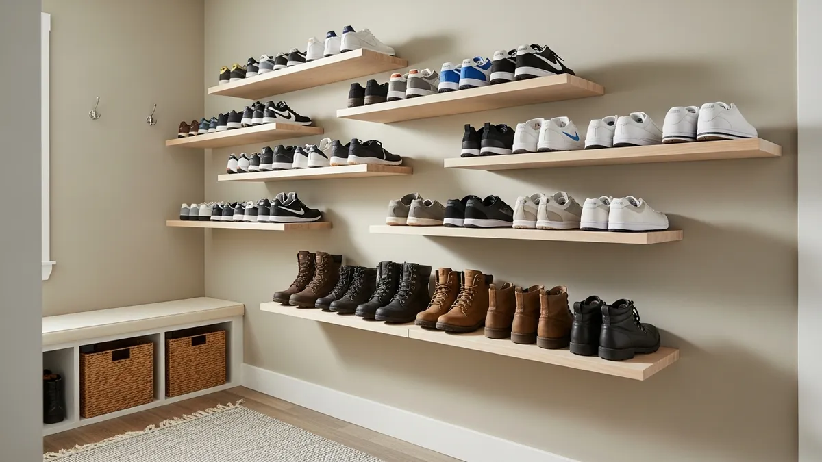Floating shoe shelves with organized footwear in mudroom entryway