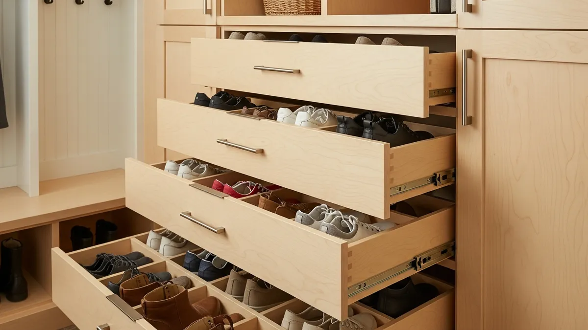 Pull-out shoe drawers providing hidden storage in mudroom cabinet