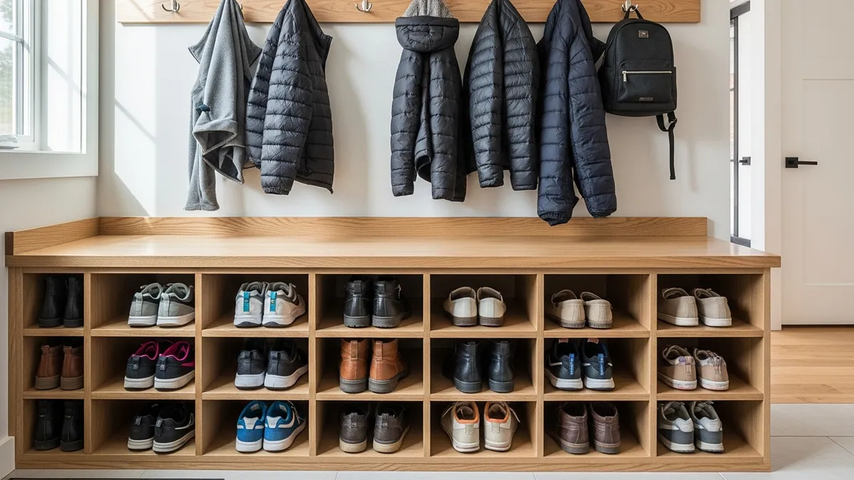 Built-in shoe cubbies with organized shoes in modern mudroom