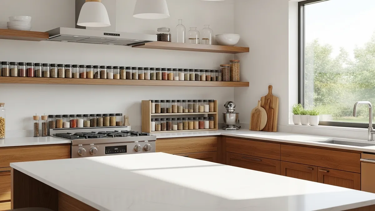 Multi-purpose spice rack in modern kitchen with organized spice containers and versatile storage solutions