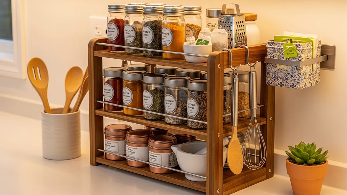 Close-up view of multi-purpose spice rack showing versatile storage compartments for spices and kitchen essentials