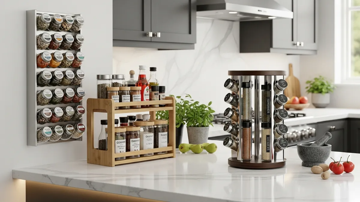 Various types of multi-purpose spice racks displayed in kitchen showing different storage options and designs