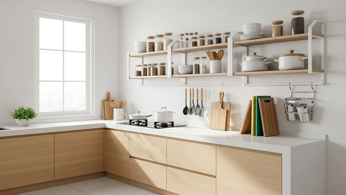 Multipurpose kitchen rack installed in a modern Indonesian kitchen holding spices, utensils, and cookware