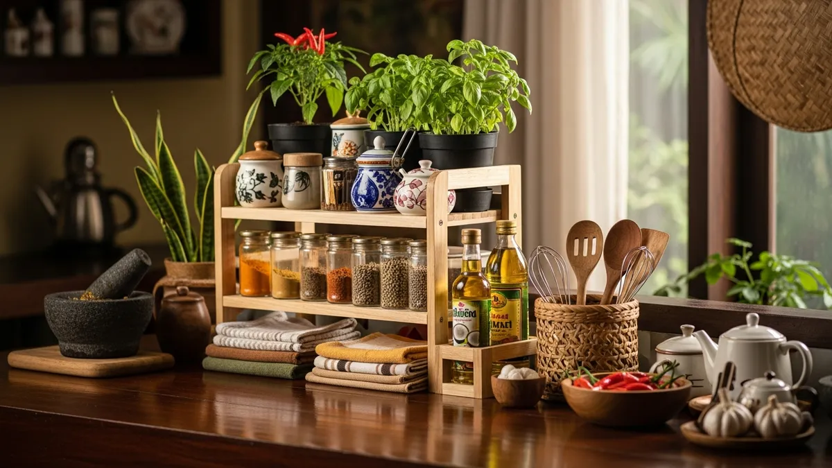 Countertop multipurpose kitchen rack terorganisir dengan rapi berisi bumbu, minyak, dan peralatan dapur