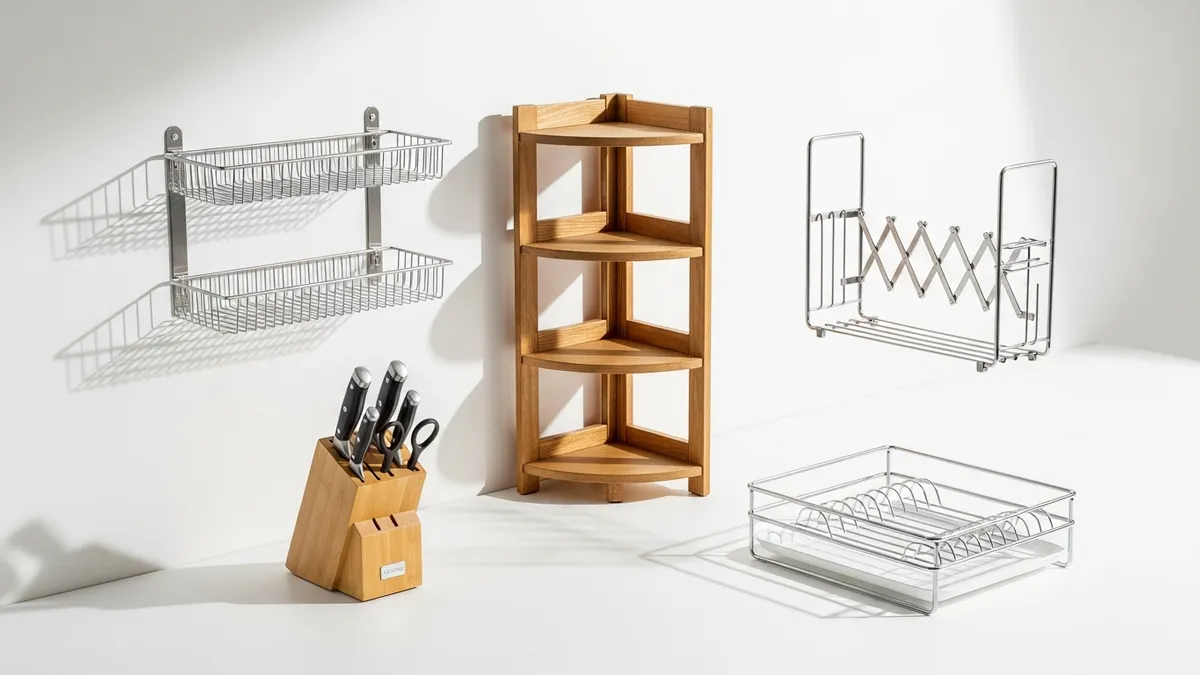 Various types of multipurpose kitchen rack including wall-mounted, freestanding, and countertop models