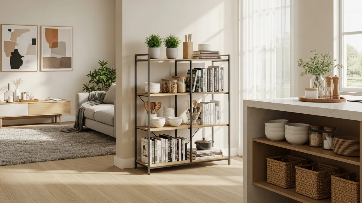 Multipurpose storage rack with multiple tiers in a modern Indonesian home, holding books, plants, and kitchen items