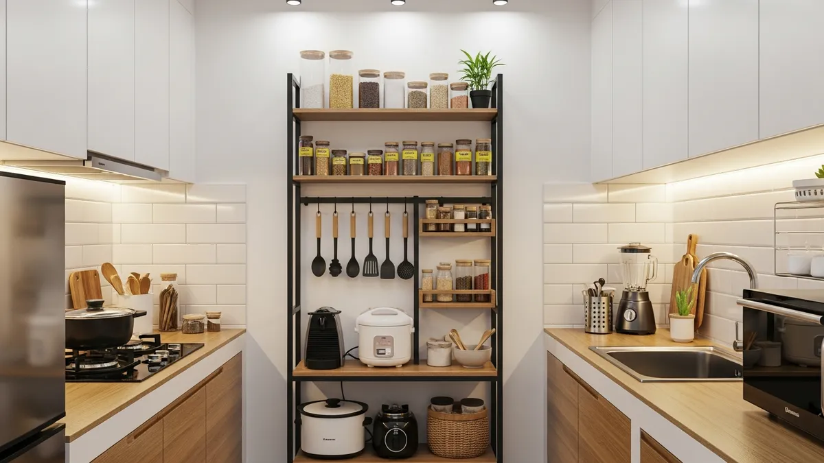 Multipurpose storage rack used in a small Indonesian kitchen to organize spices, utensils, and containers