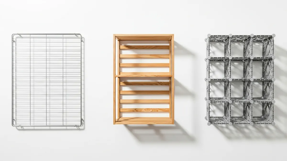 Different types of multipurpose storage racks including metal, wooden, and plastic modular options