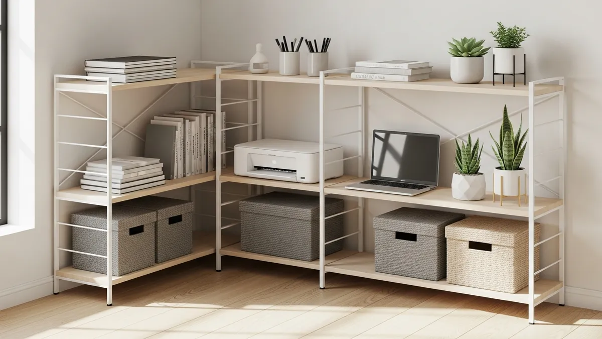 Multipurpose storage rack in home office corner holding office supplies, books, and storage boxes