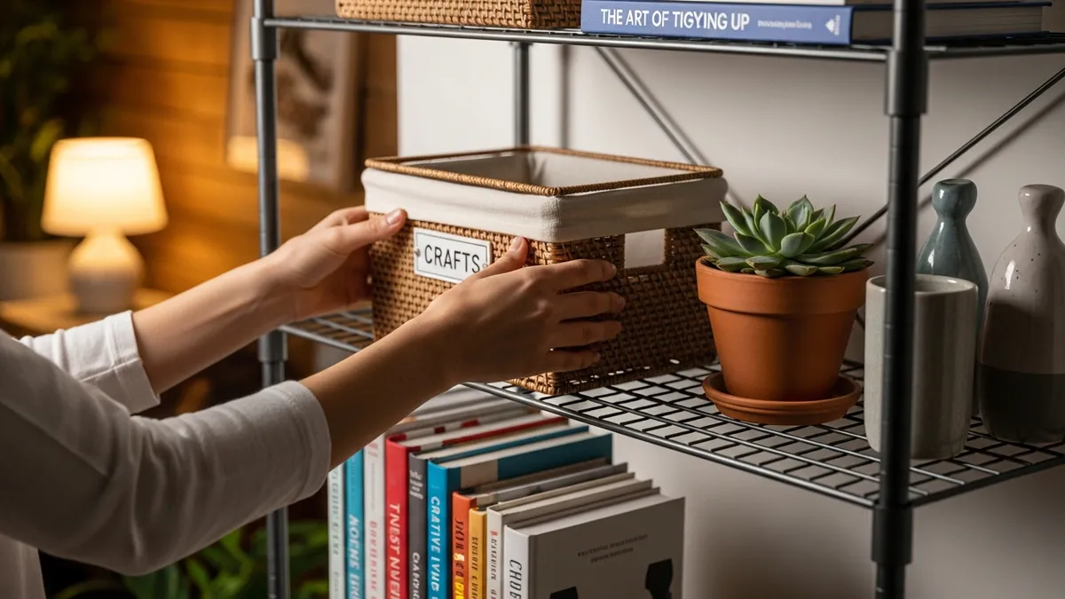 Person organizing labeled baskets and items on a multipurpose storage rack at home