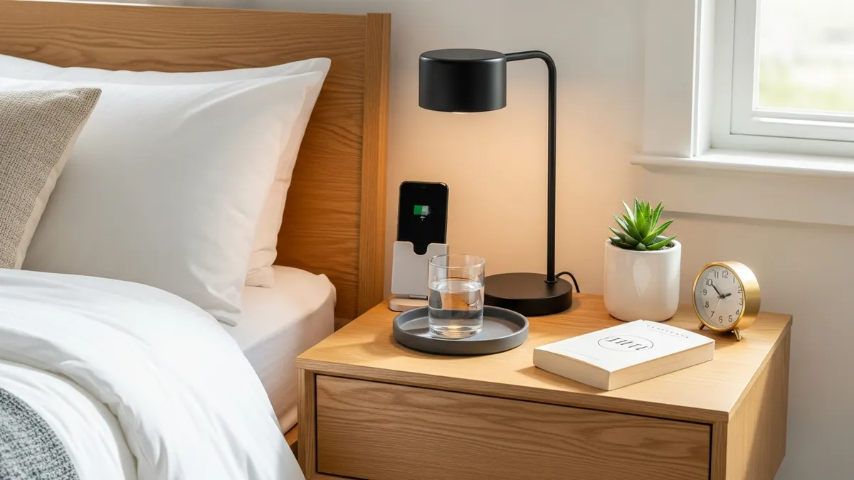Beautifully organized nightstand with tray, lamp, book, and small plant next to a modern bedroom bed
