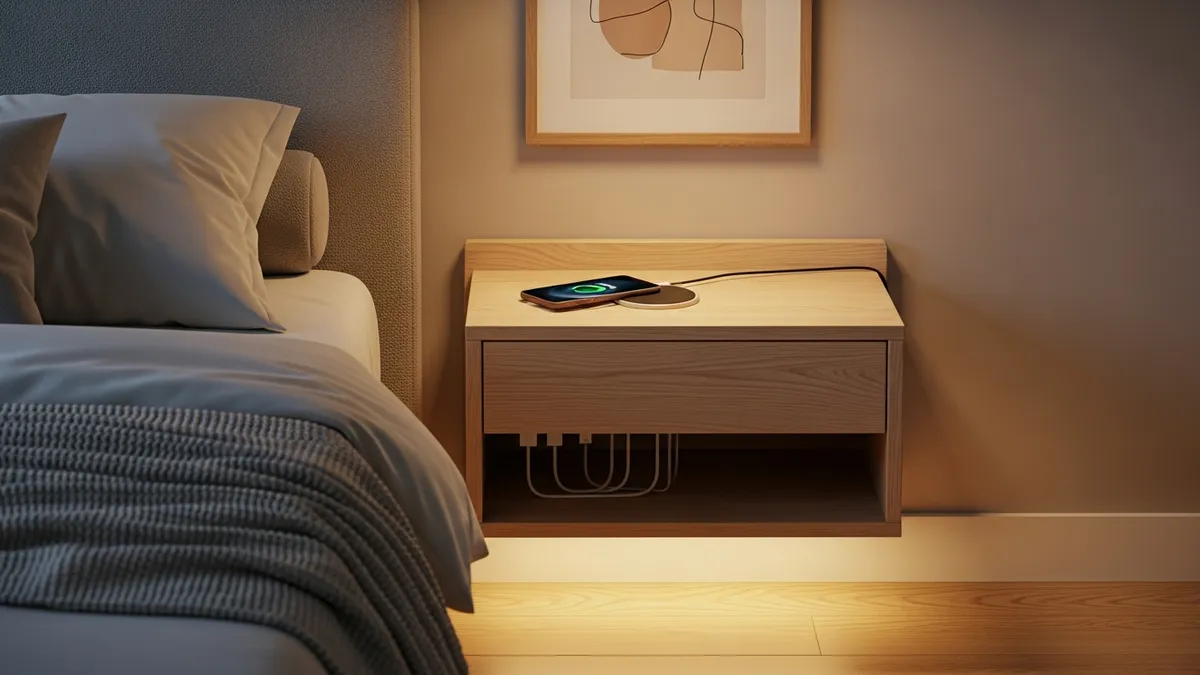 Nightstand with wireless charging pad and hidden cable management in a modern Scandinavian bedroom