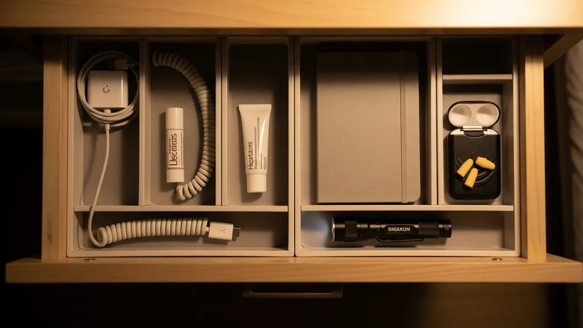 Neatly organized nightstand drawer with dividers holding charger, journal, lip balm, and small accessories