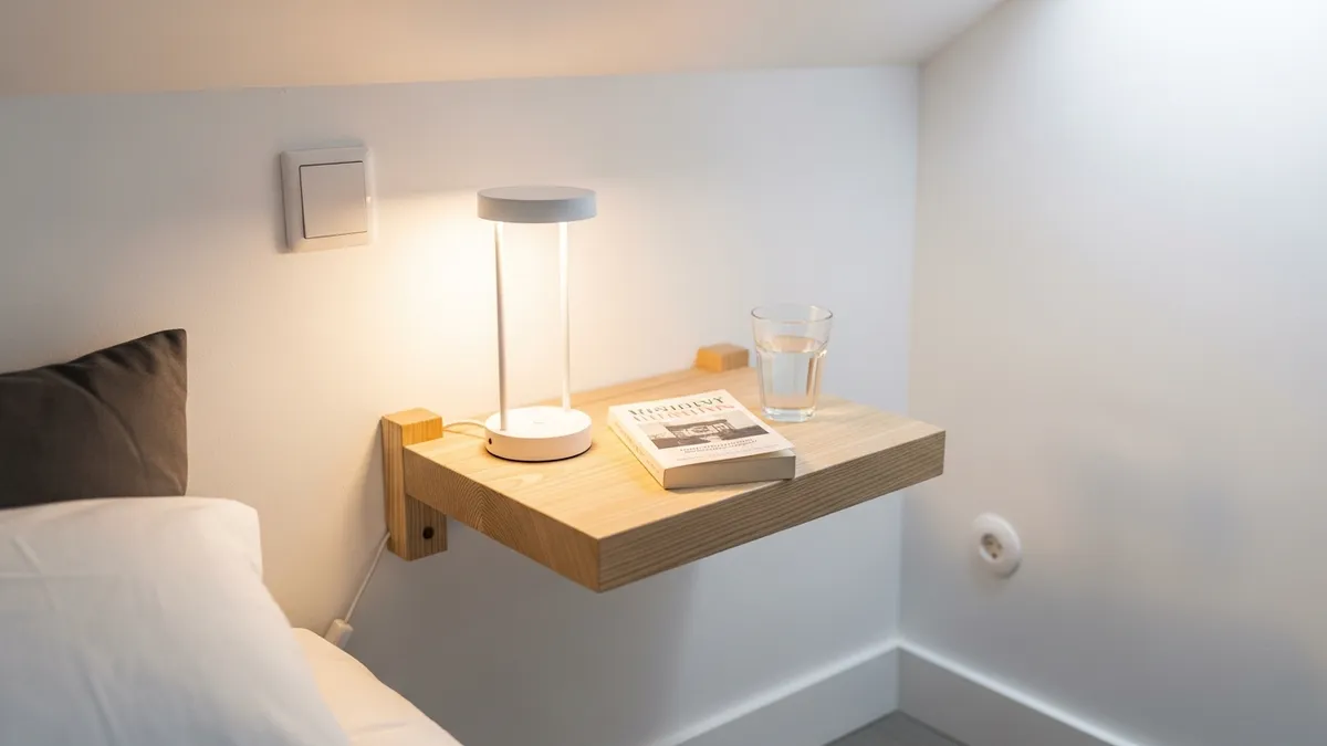 Floating wall-mounted nightstand shelf with lamp and book in a small minimalist bedroom