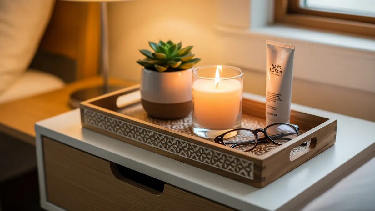 Decorative wooden tray on nightstand organizing essentials like candle, lotion, and reading glasses