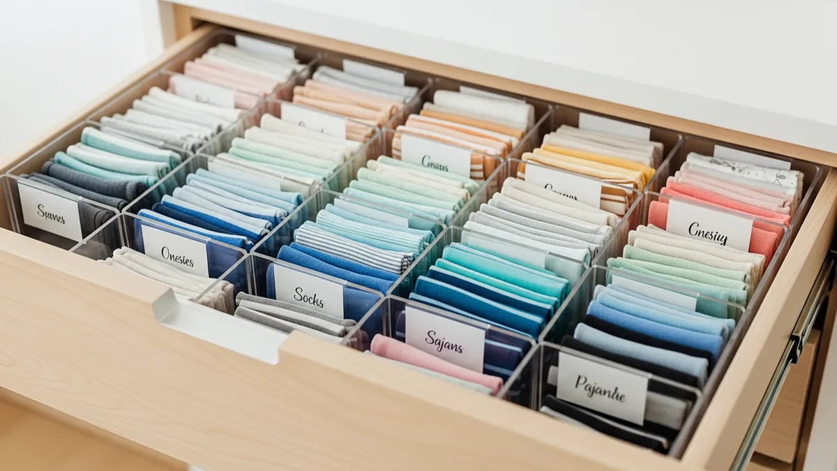 Baby clothes organized in nursery drawer using folding method and storage organizers