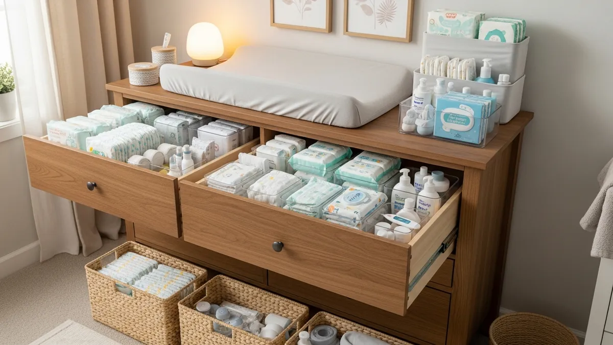 Nursery changing station with organized drawer storage for diapers and baby care items