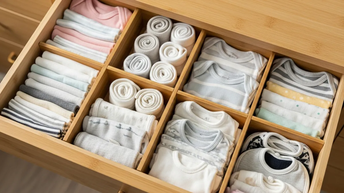 Drawer dividers organizing baby clothes in nursery dresser compartments