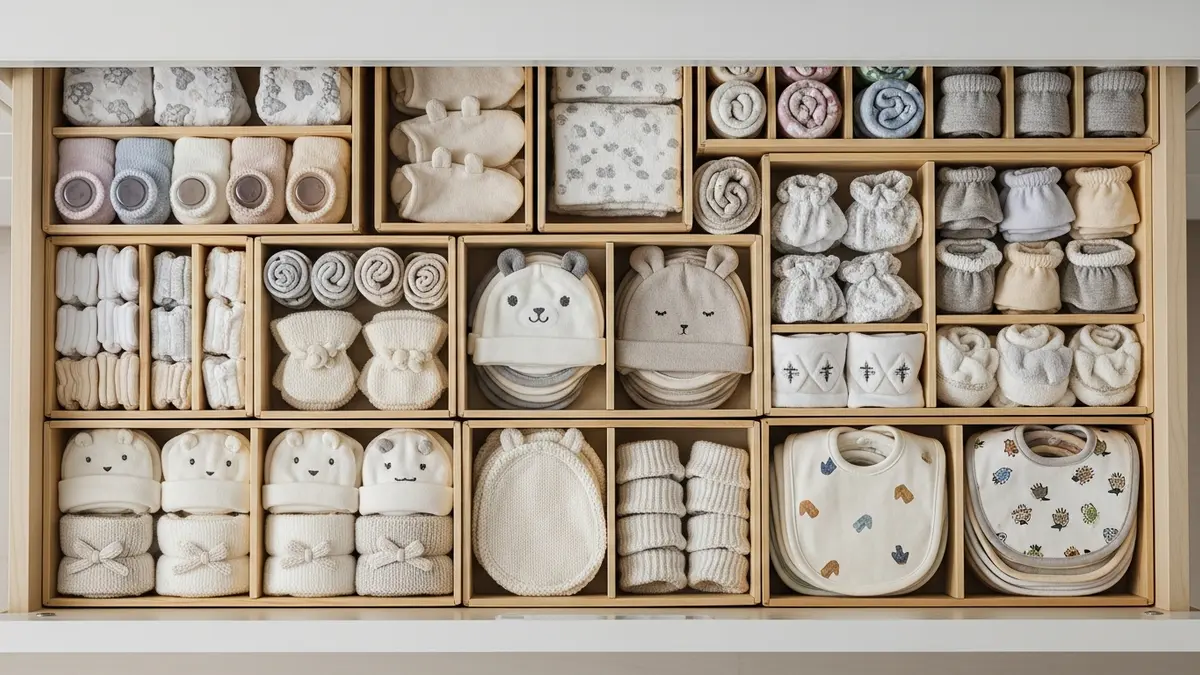Nursery dresser drawer organization for baby accessories including socks, mittens, and bibs in compartments