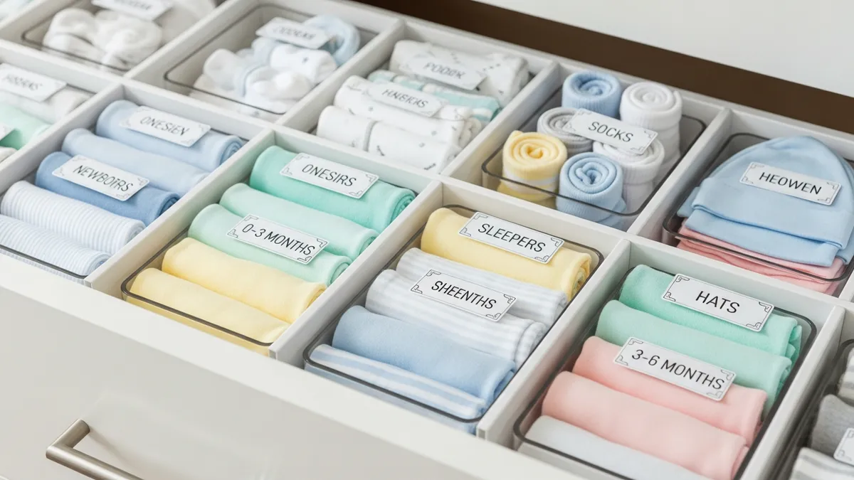 Nursery dresser drawer dividers organizing baby clothes by size and type with clear labeling system