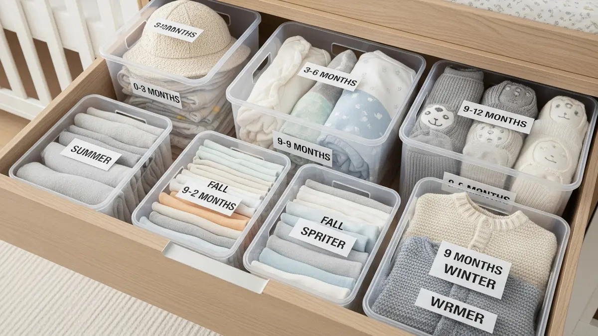 Seasonal baby clothes organization system in nursery dresser drawers with size and season labels