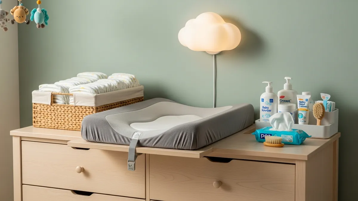 Nursery dresser with organized changing station and baby care essentials storage