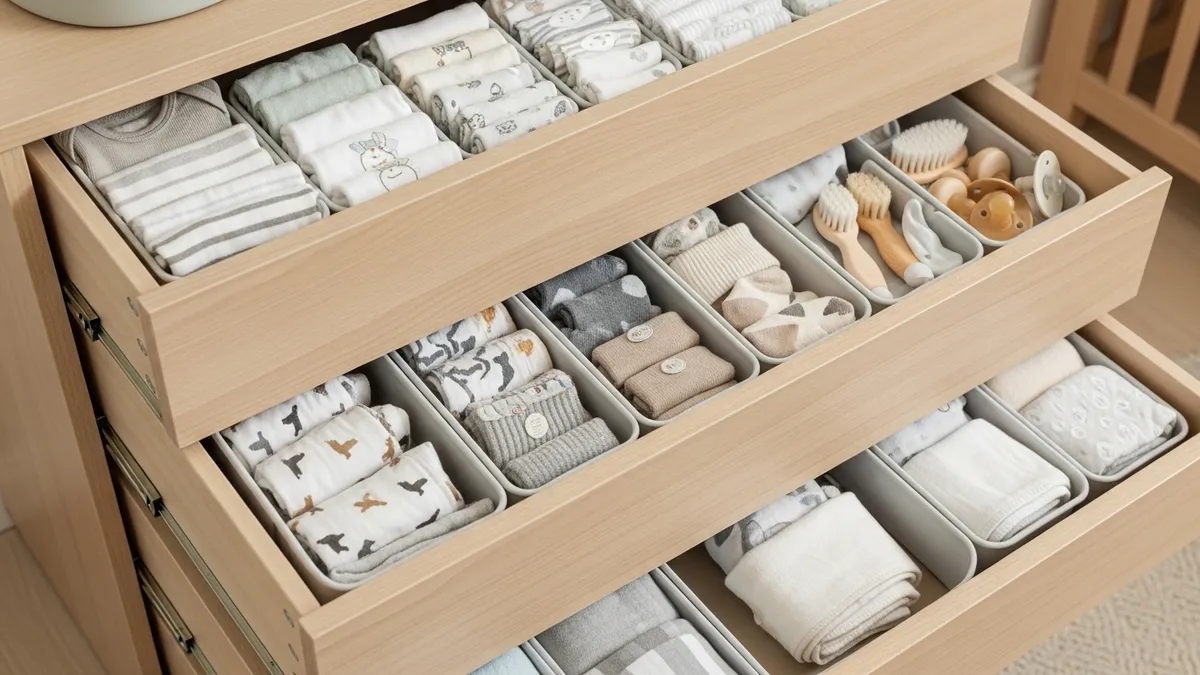 Organized nursery dresser drawers with dividers showing folded baby clothes and accessories