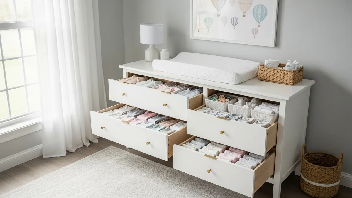 White nursery organization dresser with organized baby clothes and storage solutions in modern nursery room