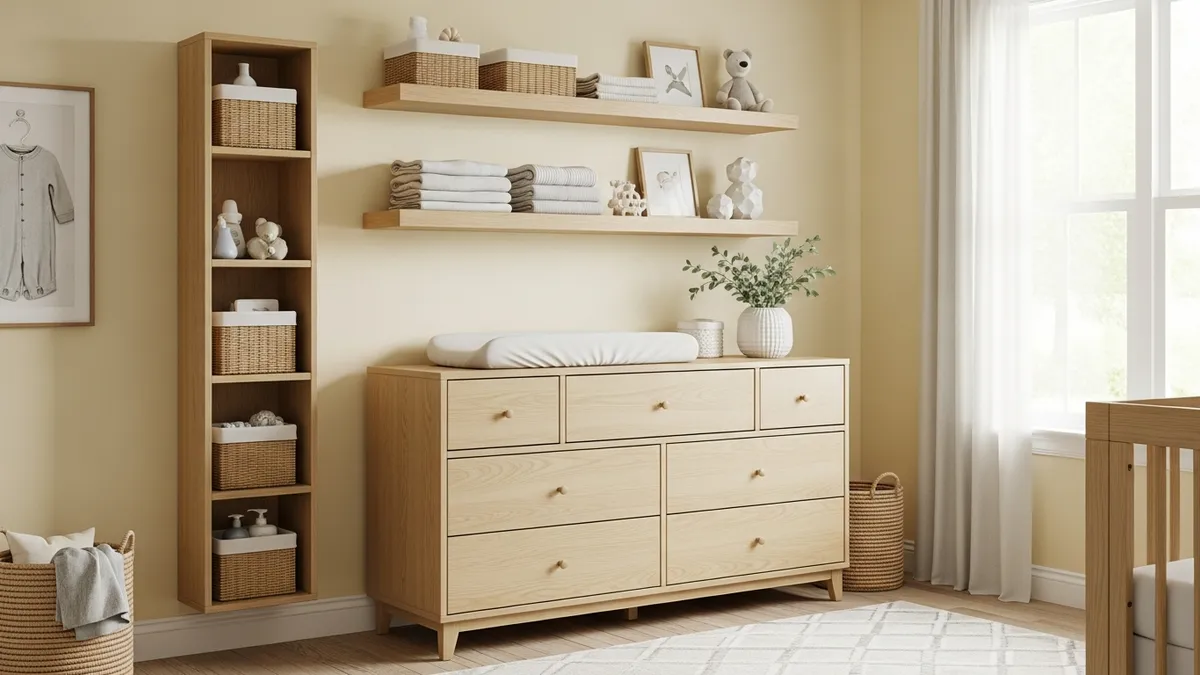 Compact nursery organization dresser with vertical storage solutions in small nursery room