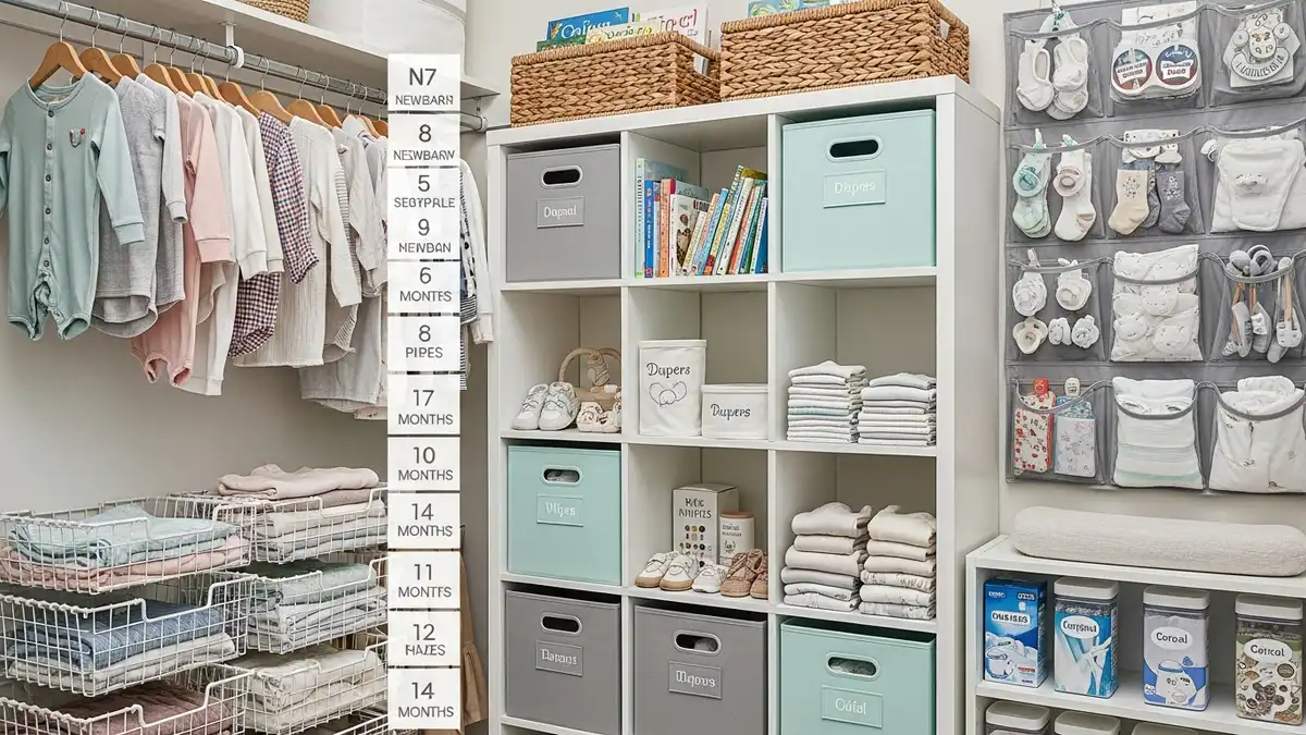 Perfectly organized nursery closet with baby clothes arranged by size and storage systems
