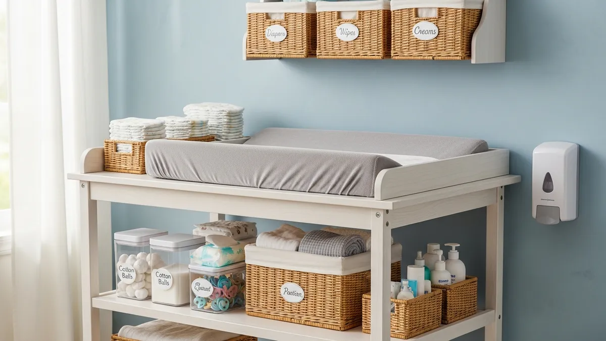 Organized diaper changing station with storage solutions for baby care supplies