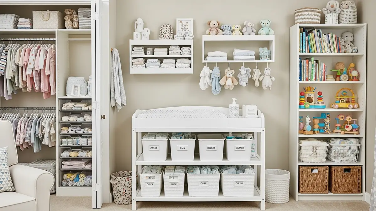 Various nursery organization storage solutions with labeled containers and organized baby items