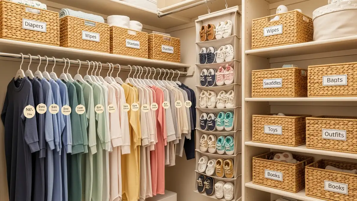 Perfectly organized nursery closet with size-sorted baby clothes and storage systems