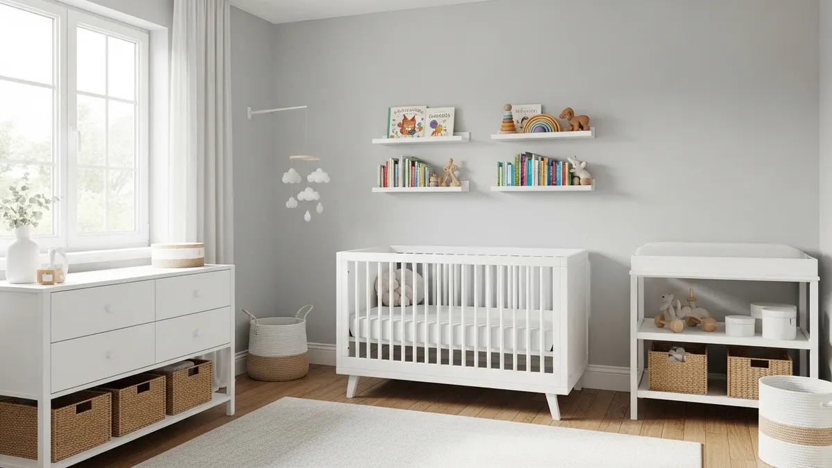 Well-organized nursery room with smart storage solutions and baby essentials neatly arranged
