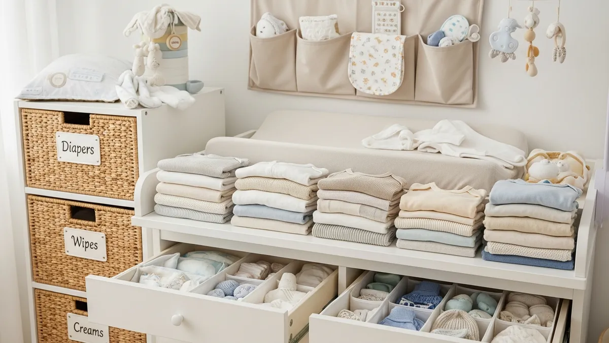 Nursery storage containers and organizers keeping baby items tidy and accessible