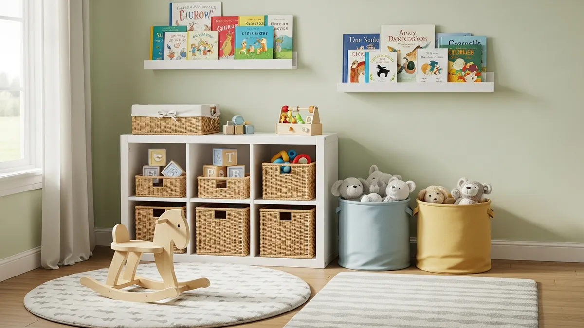 Nursery toy organization system with accessible storage baskets and book displays
