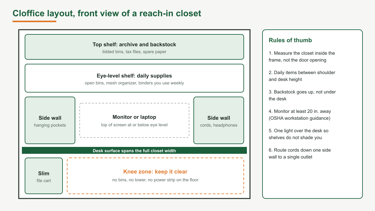 Diagram of a reach-in closet converted into a home office, seen from the front: top shelf for archive and backstock, an eye-level shelf for daily supplies, hanging pockets on the side walls, a monitor at or below eye level, a full-width desk surface and a clear knee zone underneath