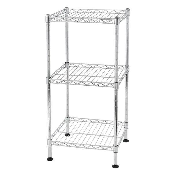 Three-tier chrome wire shelving rack with a compact square footprint and leveling feet. Photo: Sesoris product catalog